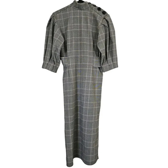 Zara Woman Plaid‎ Dress Small Gray  Puffy Sleeve Midi Belt Winter Work - Picture 1 of 13